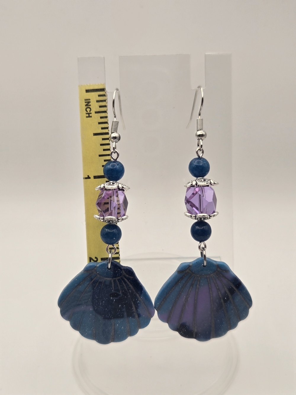#B509- Blue and Purple Shell Drop Earrings with Dolomite Jasper Bead Accents - Picture 2 of 4